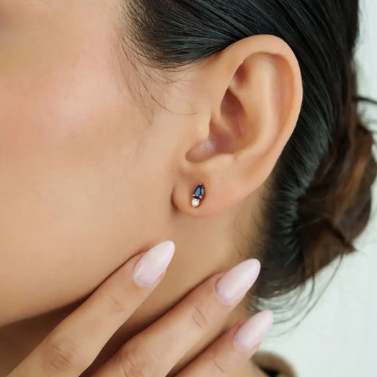 Best Selling Fine 14K Yellow Gold Blue Sapphire & Diamond Minimal Gemstone Stud Earrings