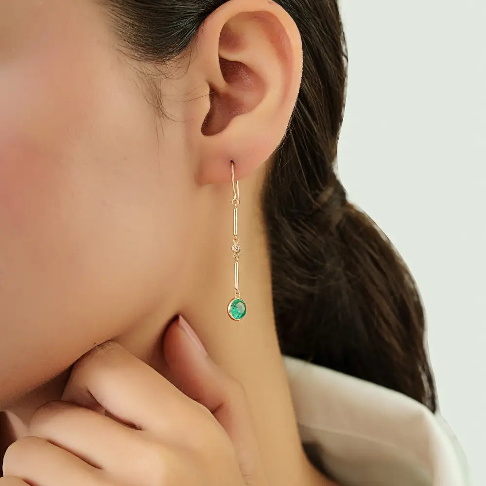 Simple Dainty Emerald & Diamond Dangle Earrings Solid K14 Yellow Gold Handmade Jewelry
