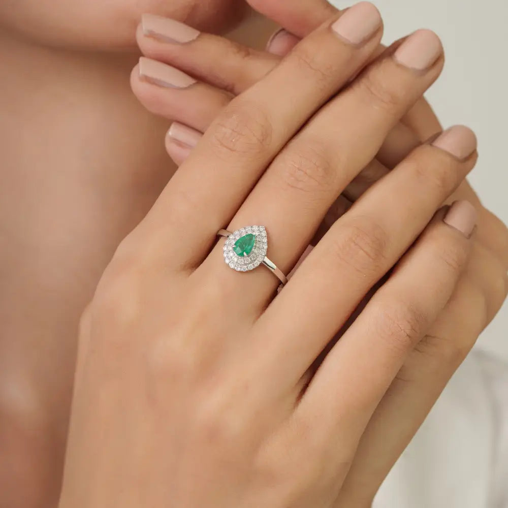 6x4 mm Emerald & Diamond Pear Shape Double Cluster Ring Classic 14K White Gold Jewelry