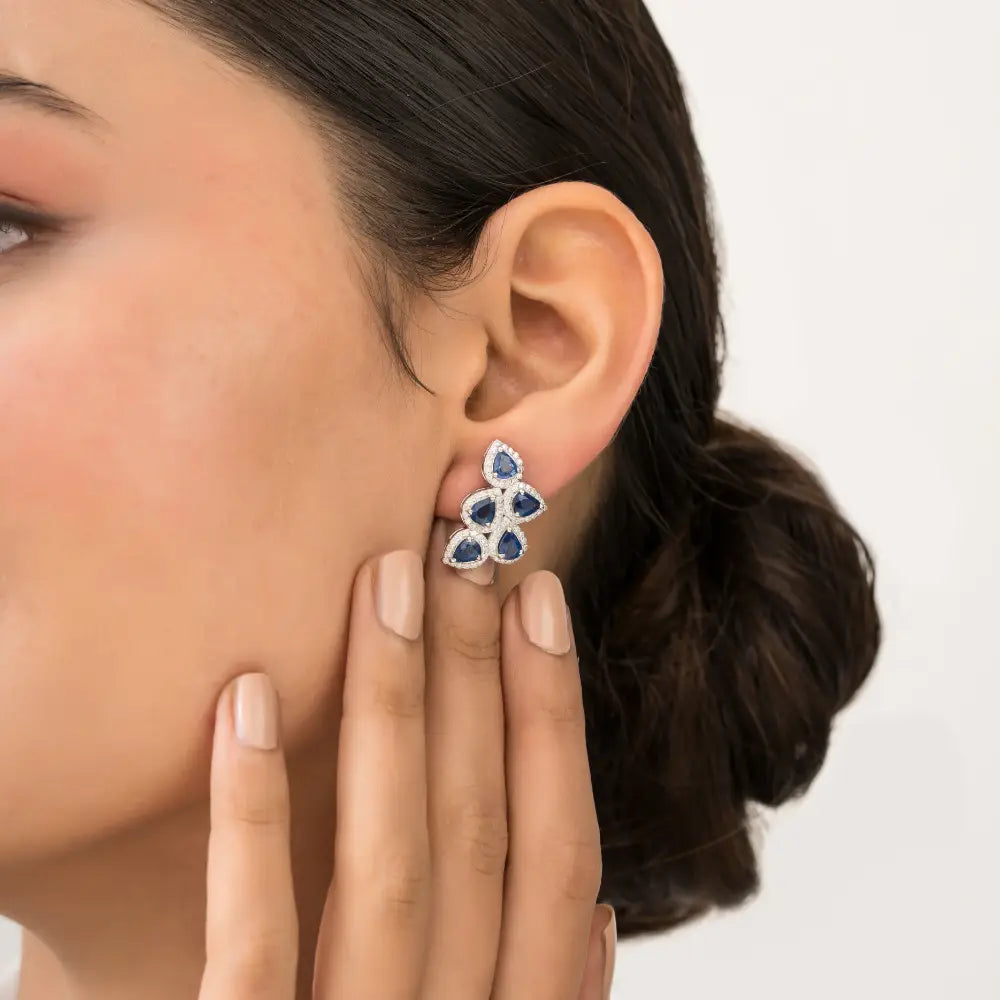 Unique Design Blue Sapphire & Diamond 14K Solid White Gold Wings Shape Halo Stud Earrings