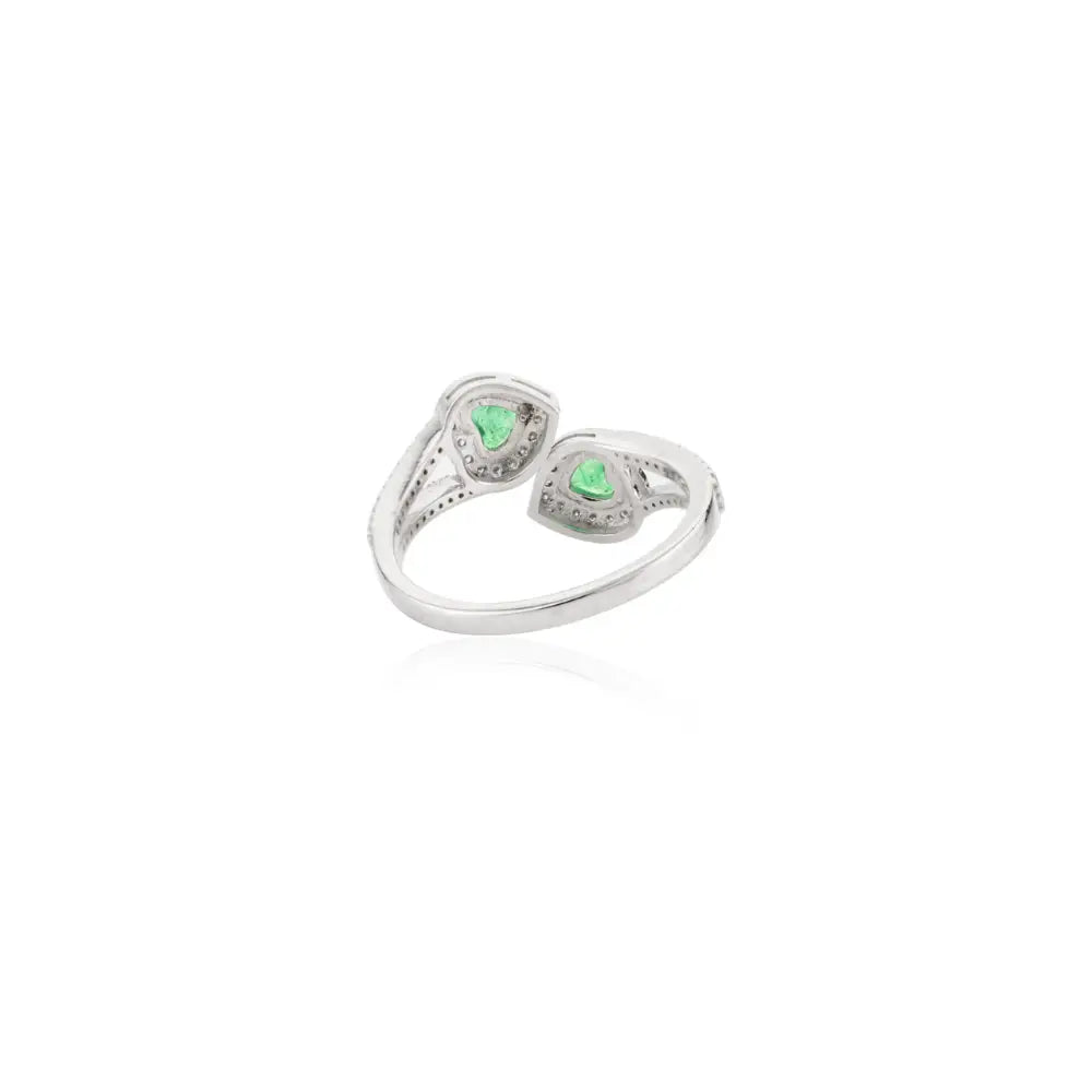 Heart Shape Emerald & Round Diamond Solid 18K White Gold Bypass Ring