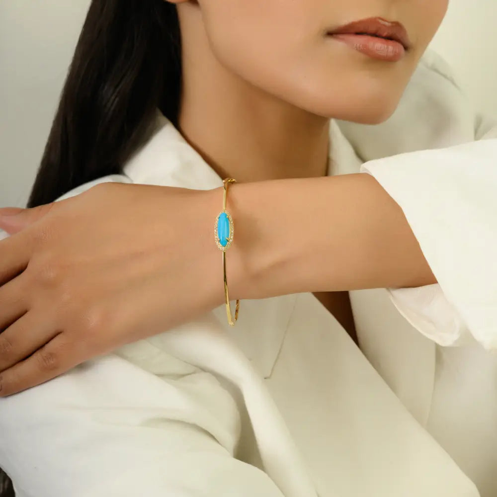 High Quality Turquoise & Diamond K14 Solid Yellow Gold Stackable Halo Bangle & Bracelet