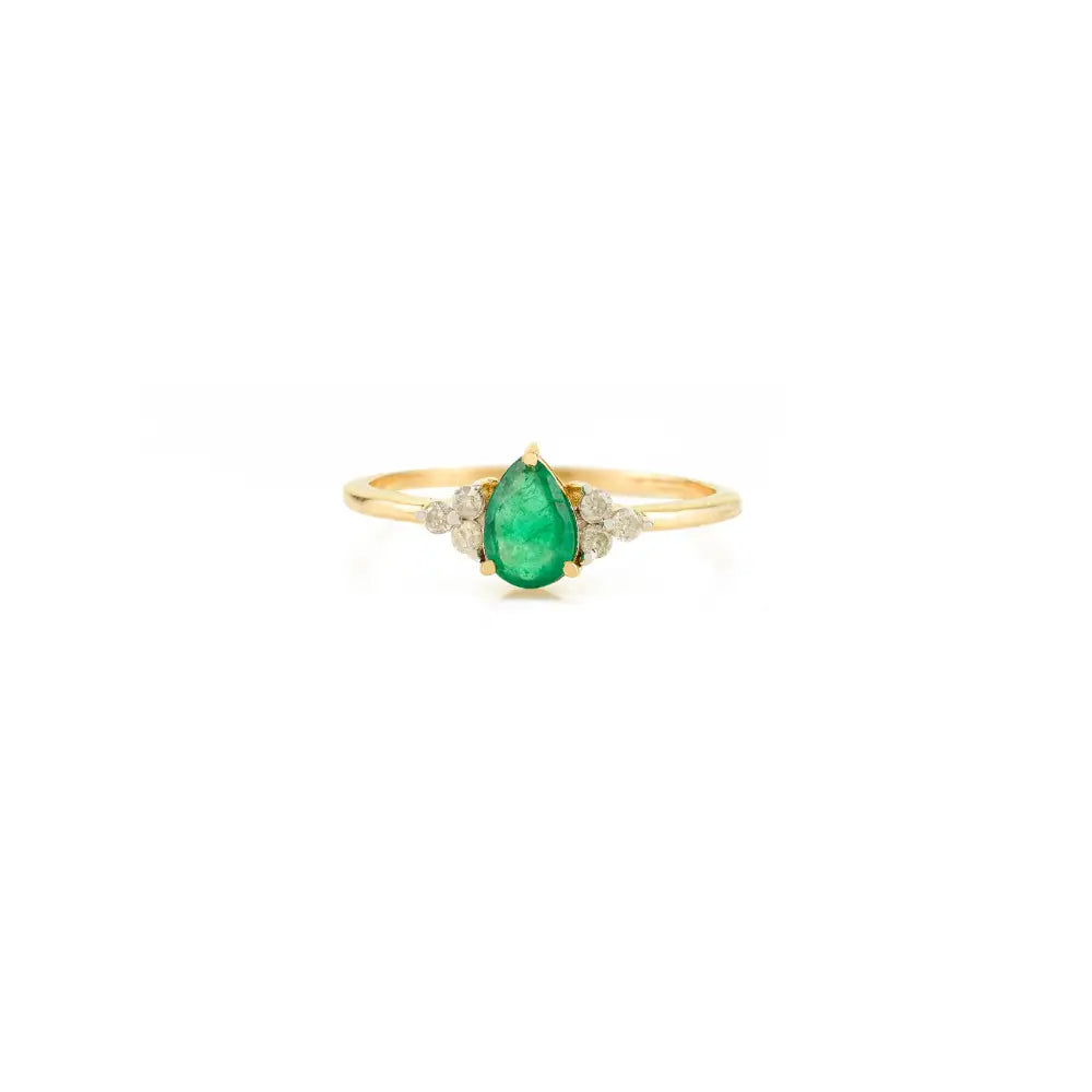 Elegant Minimal 18K Yellow Gold Emerald & Diamond Rings Earrings & Pendant 3 Pcs Jewelry Set