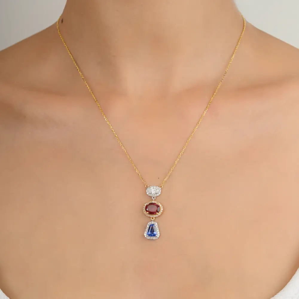 Multi Sapphire & Diamond Solid 18K Yellow Gold Charm Chain Pendant Necklace