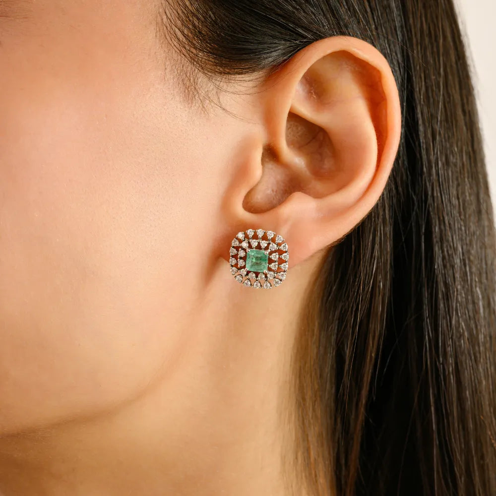 Square Cut Emerald & Diamond Wholesale Unique Design Stud Earrings 14K Solid Gold Jewelry