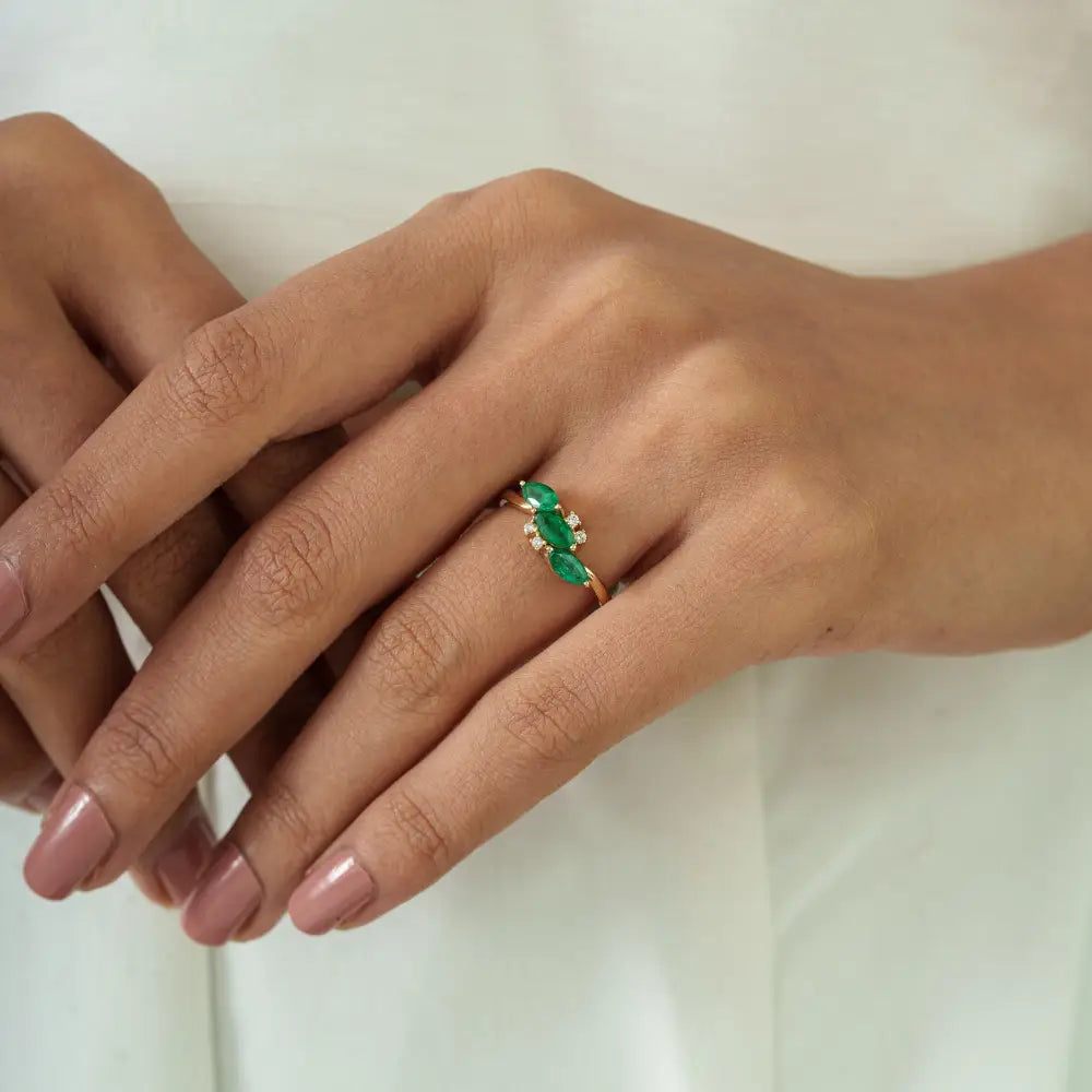 Marquise Shape Emerald & Diamond Three Stone Ring Stackable 14K Yellow Gold Jewelry