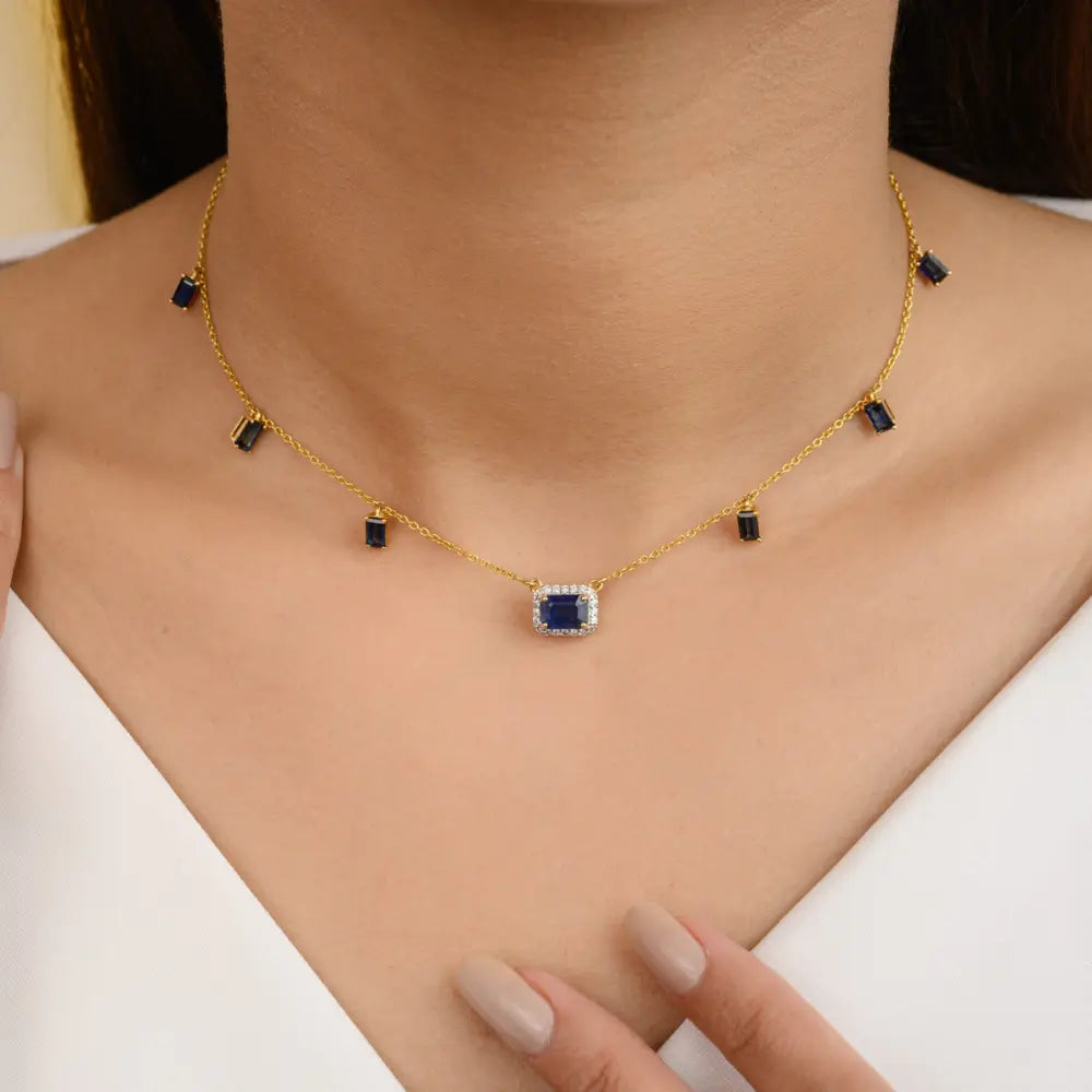 100% Natural Blue Sapphire & Diamond 14K Yellow Gold Necklace