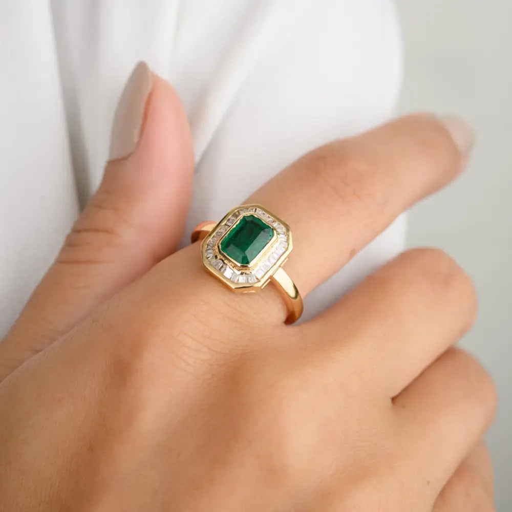 Octagon Shape Natural Emerald & Diamond 18K Yellow Gold Handmade Ring