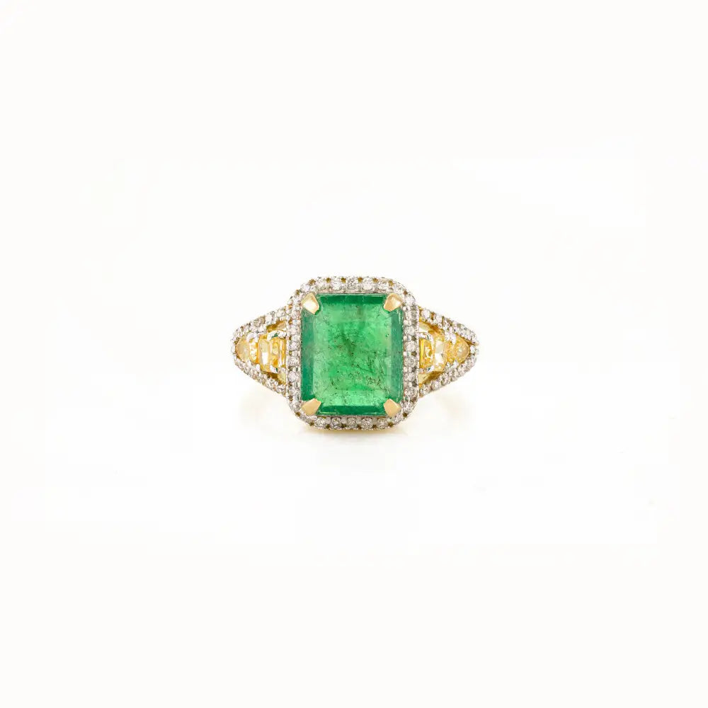 Luxurious K14 Yellow Gold Emerald & Diamond Bold Statement Ring Custom Jewelry Supplier