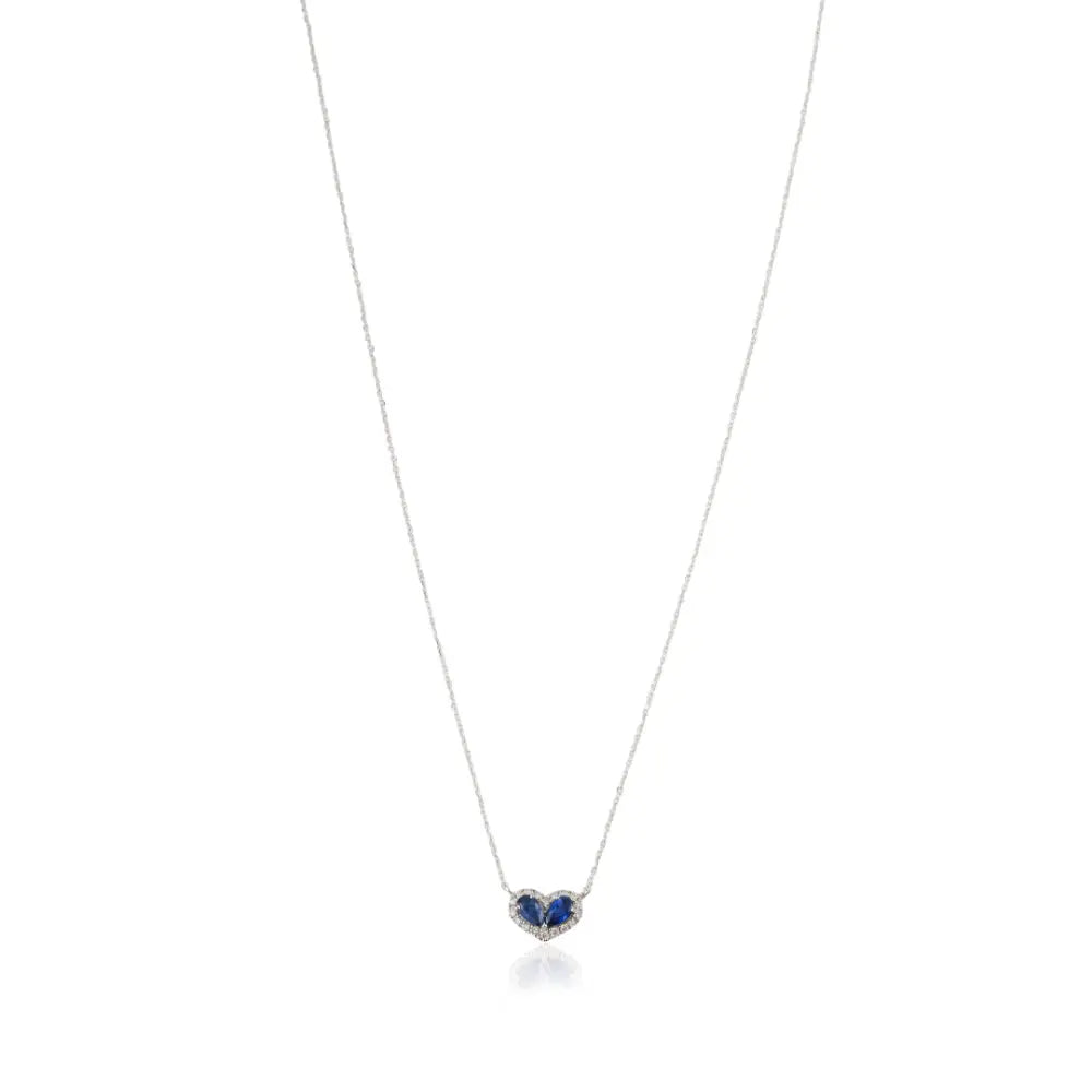 Customized 14K Solid White Gold Blue Sapphire & Diamond Heart Shape Halo Pendant Necklace