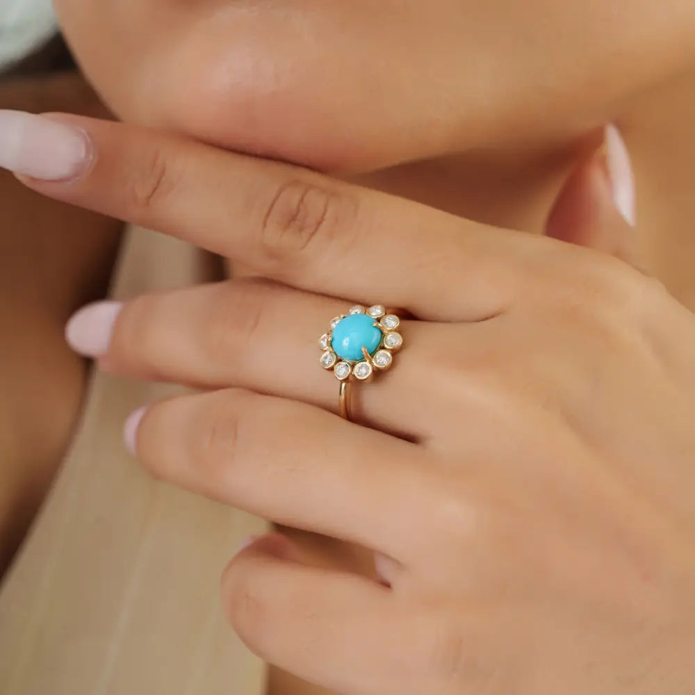 Flower Inspired 14K Yellow Gold 7mm Round Cut Turquoise & Diamond Cluster Ring For Unisex