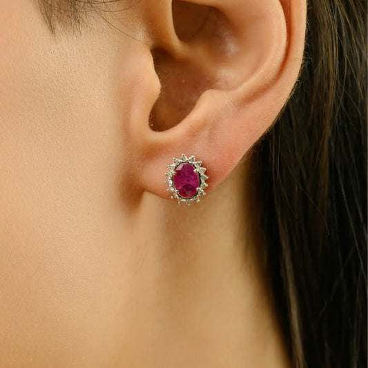 100% Authentic Ruby & Diamond Daily Wear Cluster Stud Earrings Women 18K Solid White Gold