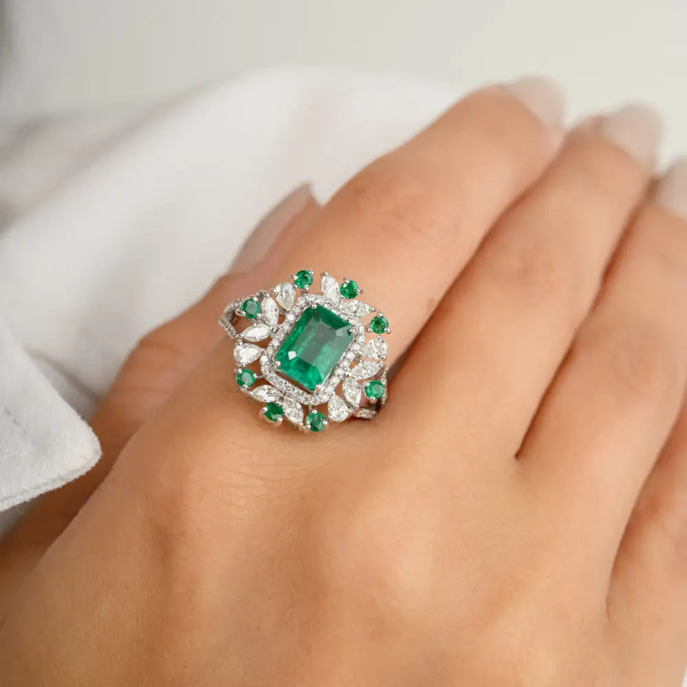 Bulk Jewelry 18K Solid White Gold Real Emerald & Diamond Unique Ring