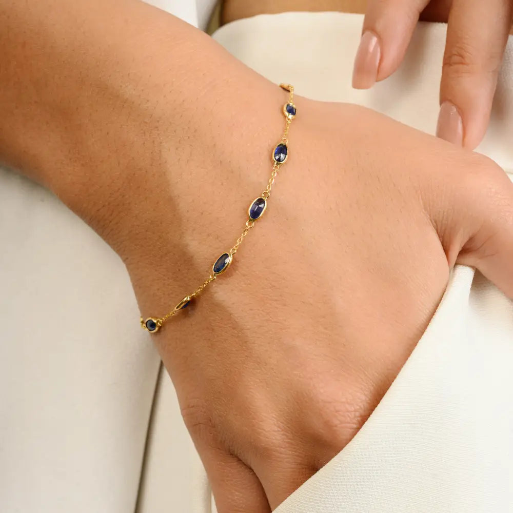 Everyday Wear Genuine Blue Sapphire Stackable Station Bracelet Real K18 Yellow Gold Jewelry
