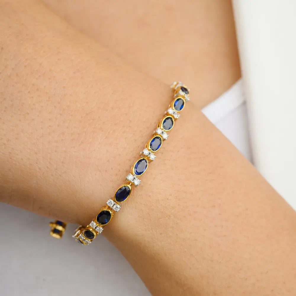 Custom Jewelry 18K Solid Yellow Gold Blue Sapphire & Diamond Tennis Bracelet