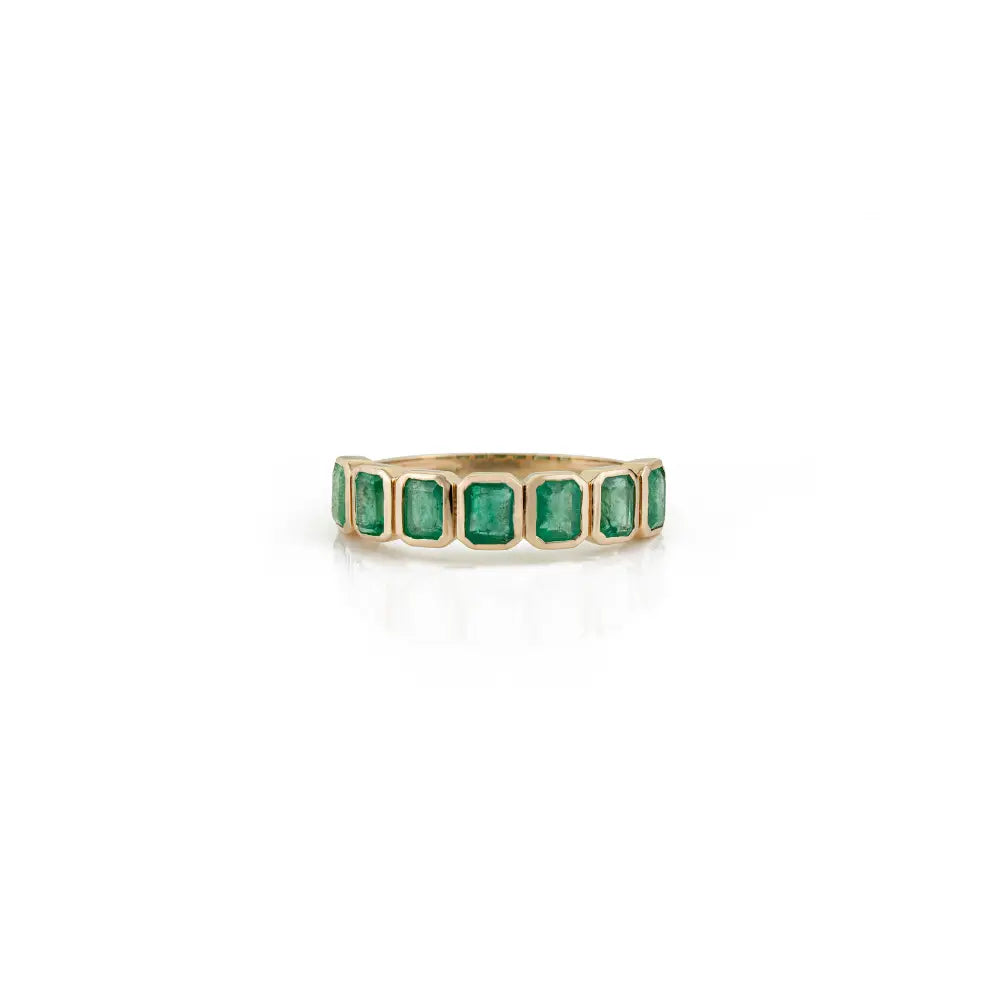 Simple Elegant Design Emerald Gemstone Half Eternity Band Ring K14 Yellow Gold Fine Jewelry