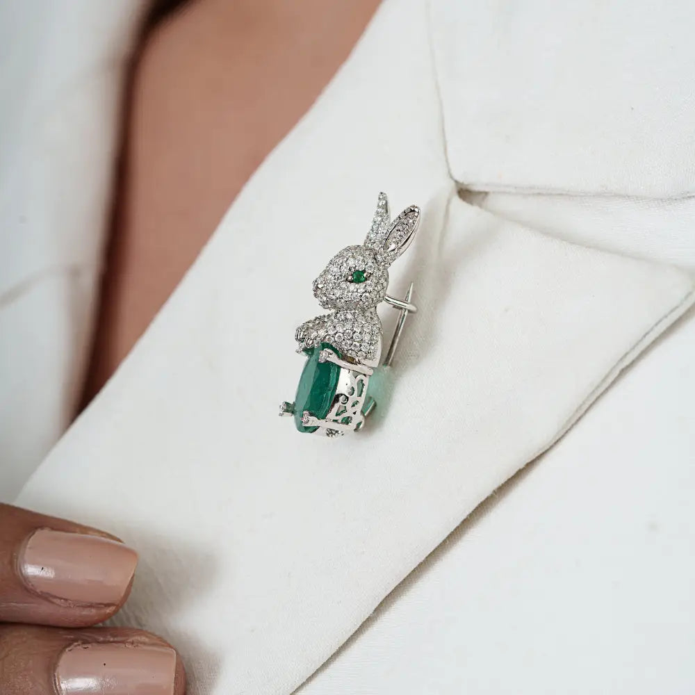 Unique Design Handmade Emerald & Diamond 14K White Gold Bunny Rabbit Brooch For Men