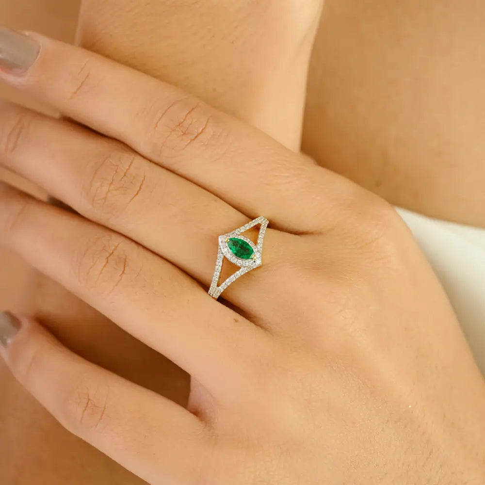 Marquise Cut Emerald & Diamond 18K Yellow Gold Split Shank Stackable Ring Handmade Jewelry