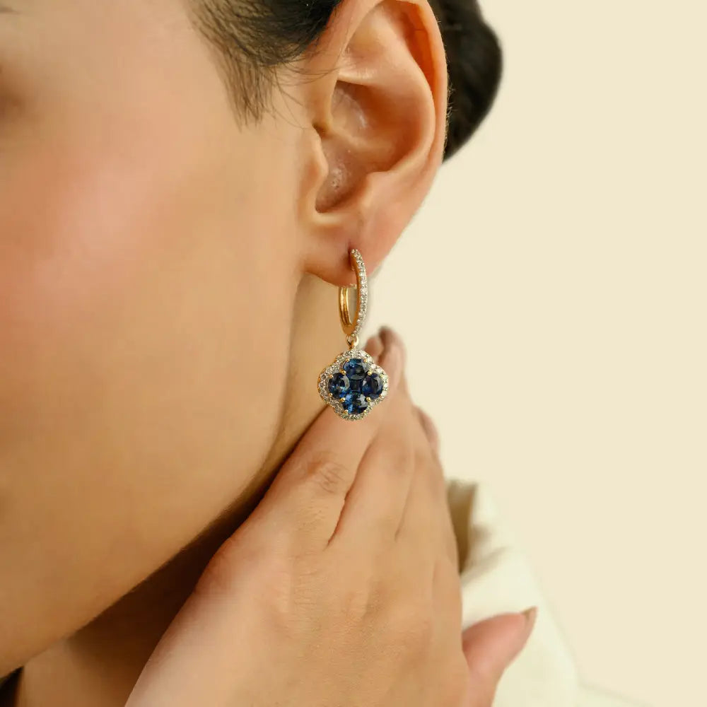 4.55 Ct. Blue Sapphire Gemstone & Diamond Clover Hoop Charm Drop Earrings 14K Gold
