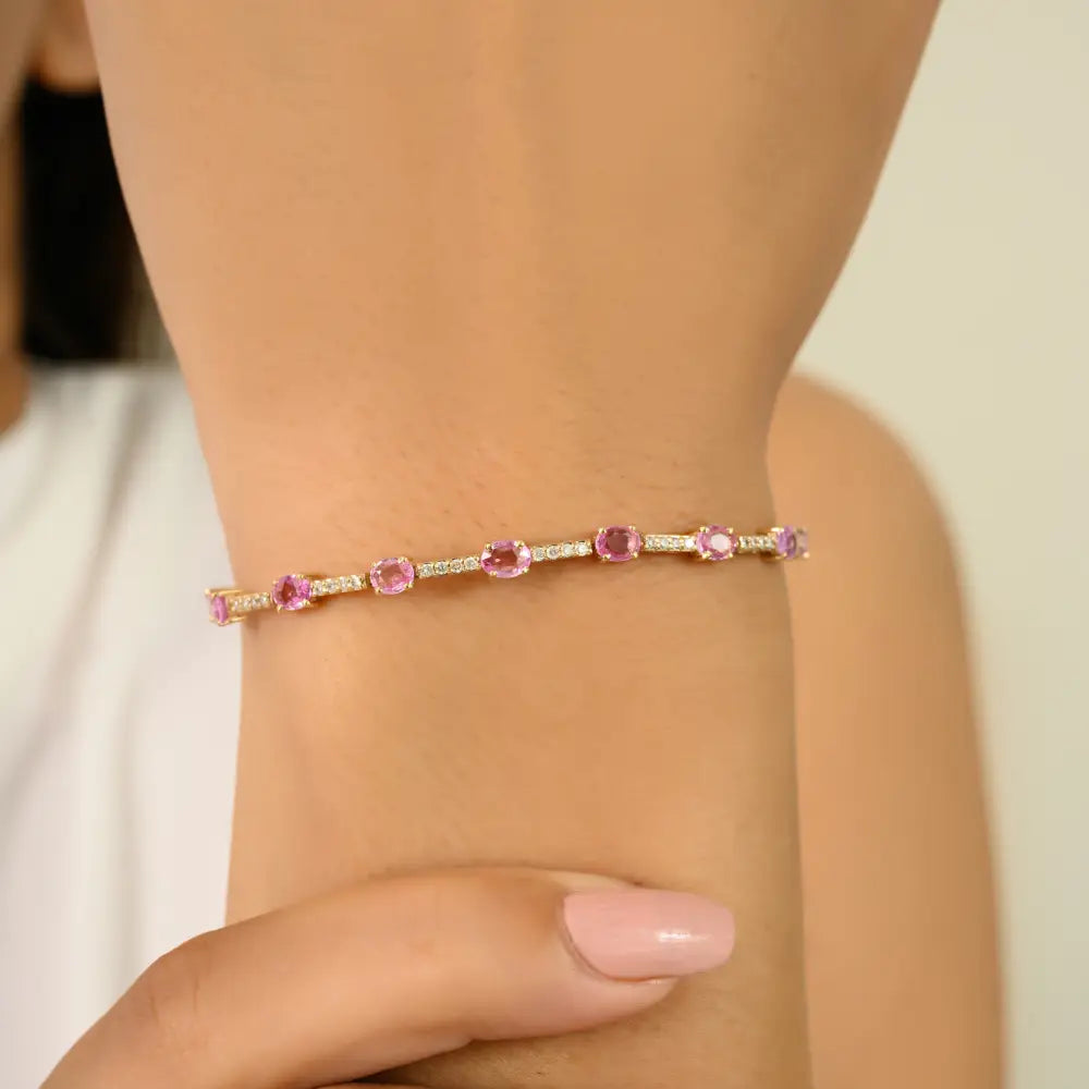 Simple Trending Design K14 Yellow Gold Pink Sapphire & Diamond Sleek Tennis Bracelet