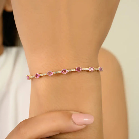 Simple Trending Design K14 Yellow Gold Pink Sapphire & Diamond Sleek Tennis Bracelet