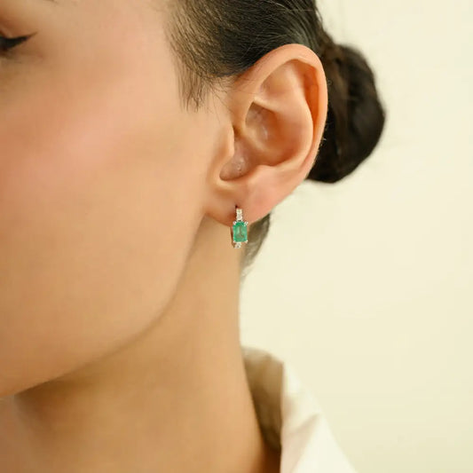 Minimal Jewelry Zambian Emerald & Diamond Small Hoop Earrings K14 Real White Gold