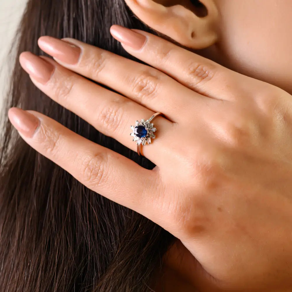 Elegant Design Blue Sapphire & Diamond 14K Real White Gold Cluster Engagement Ring