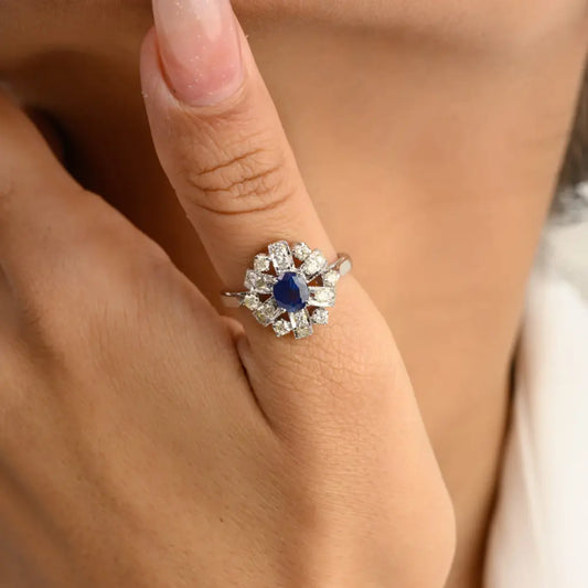 14K Solid White Gold Blue Sapphire and Halo Diamond Cluster Wedding Ring