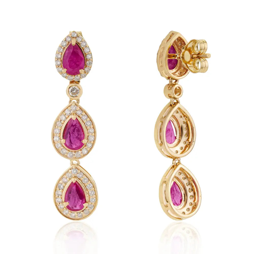 100% Real Ruby & Diamond Halo Teardrop Dangle Earrings Solid 14K Yellow Gold Jewelry