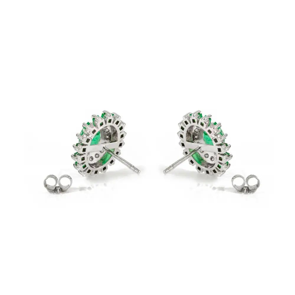 Hot Sale 14K White Gold Emerald & Diamond Unique Design Statement Stud Earrings For Women
