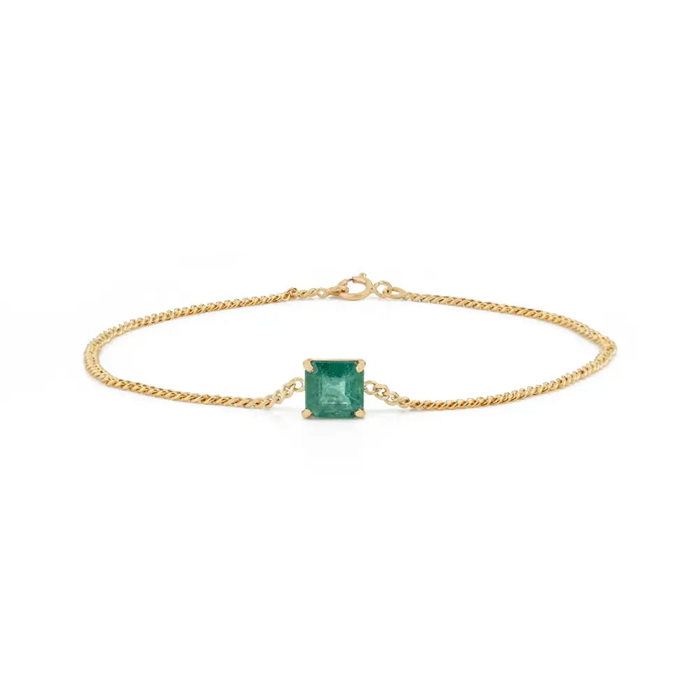 7x7 mm Emerald 14K Pure Yellow Gold Curb Link Chain Solitaire Gemstone Bracelet For Everyday Wear