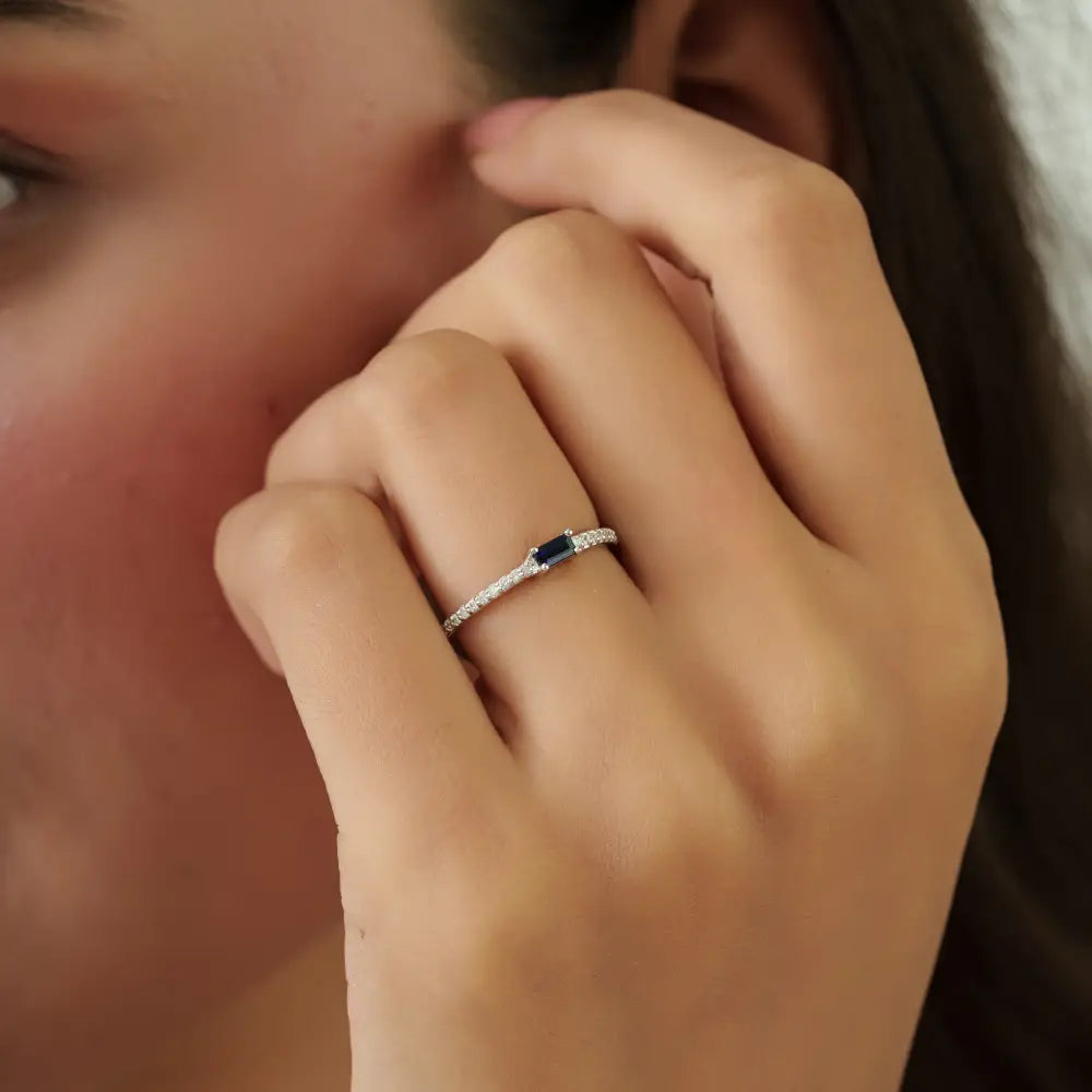 Minimalist Blue Sapphire & Diamond K14 Solid White Gold Stacking Band Ring Everyday Jewelry