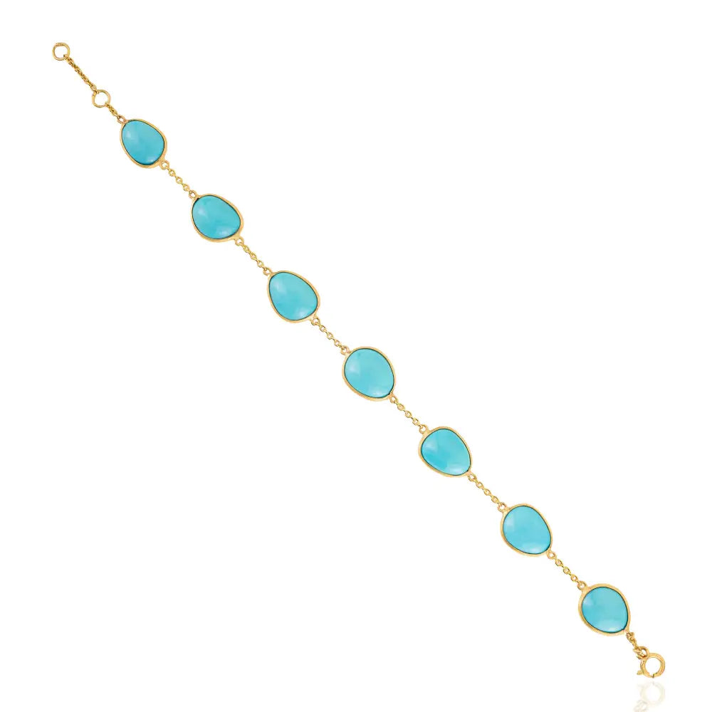 Dainty Bezel Set Turquoise Gemstone Simple Station Bracelet K14 Real Yellow Gold Jewelry