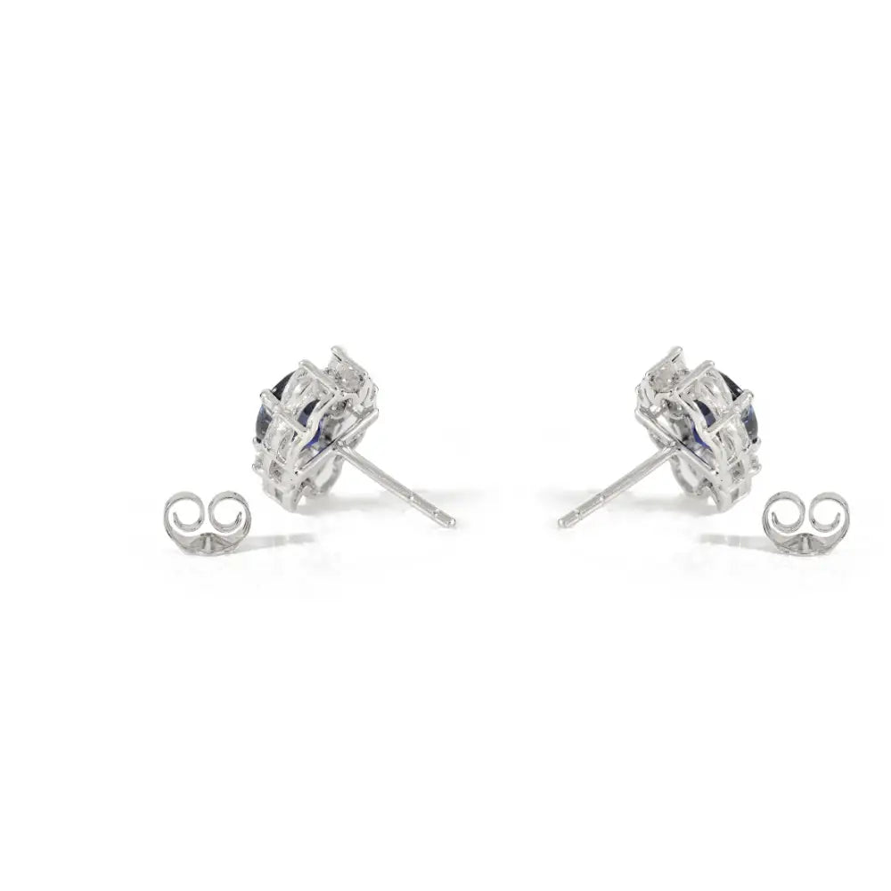 14K Solid Gold Oval Blue Sapphire & Marquise Diamond Designer Stud Earrings For Women