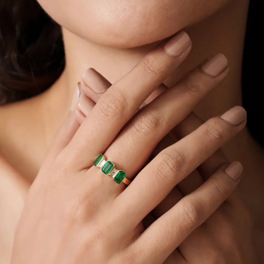 May Birthstone Natural Emerald & Diamond 14K Yellow Gold Three Stone Stackable Ring