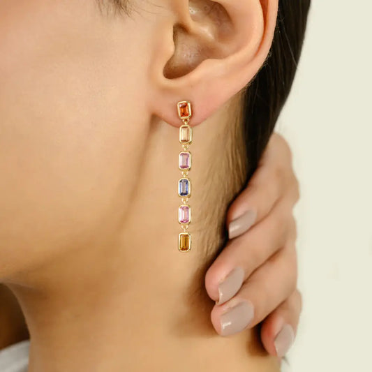 Rainbow Colorful Multi Sapphire Pure 14K Yellow Gold Long Dangling Earrings Trending Jewelry
