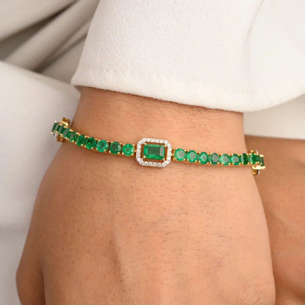 May Birthstone Natural Emerald & Diamond Solid K14 Yellow Gold Tennis Bracelet