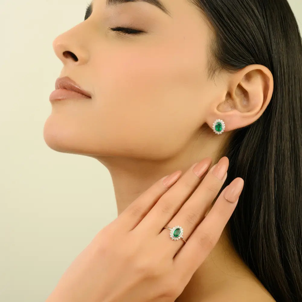 Zambian Emerald & Diamond Women's Cluster Stud Earrings Fine K14 White Gold Jewelry