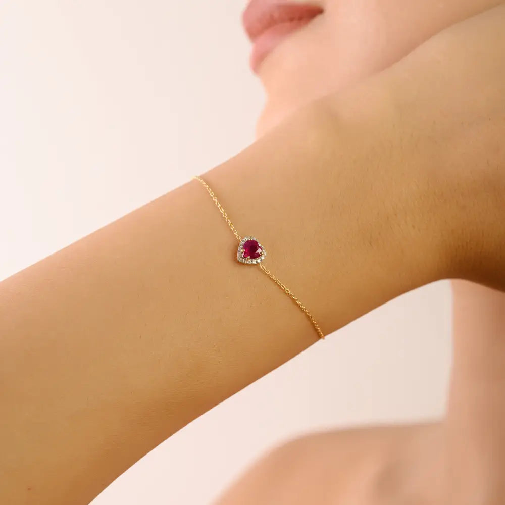 Spring Lock 100% Genuine Ruby & Diamond 14K Solid Gold Heart Shape Halo Bracelet Women