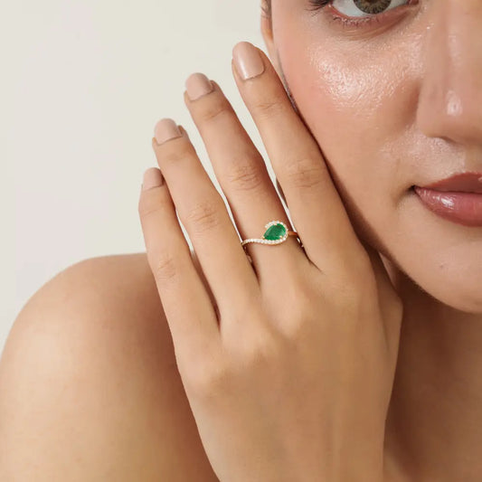 Unique Design Prong Set Emerald & Diamond K14 Real Yellow Gold Gemstone Ring New Jewelry