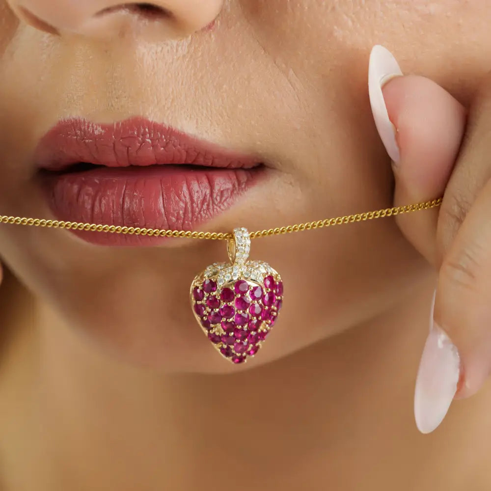 Unique Design Full Pave Set Ruby & Diamond Strawberry Pendant 14K Real Yellow Gold Jewelry