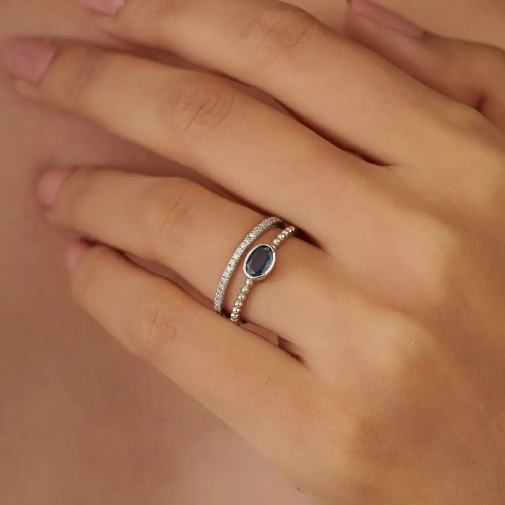 Latest Collection 14K Solid Gold Blue Sapphire & Diamond Double Band Ring Wedding Jewelry