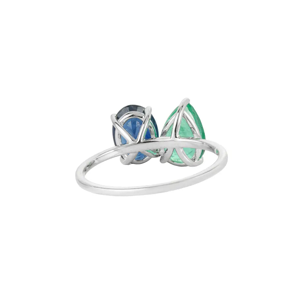 Real K14 White Gold Precious Gemstone Emerald & Blue Sapphire Toi et Moi Stackable Ring