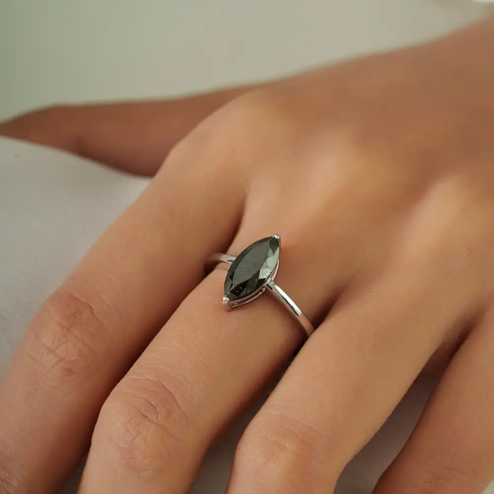 Wholesale Marquise Cut Black Diamond Solitaire Ring Real K14 White Gold Handmade Jewelry
