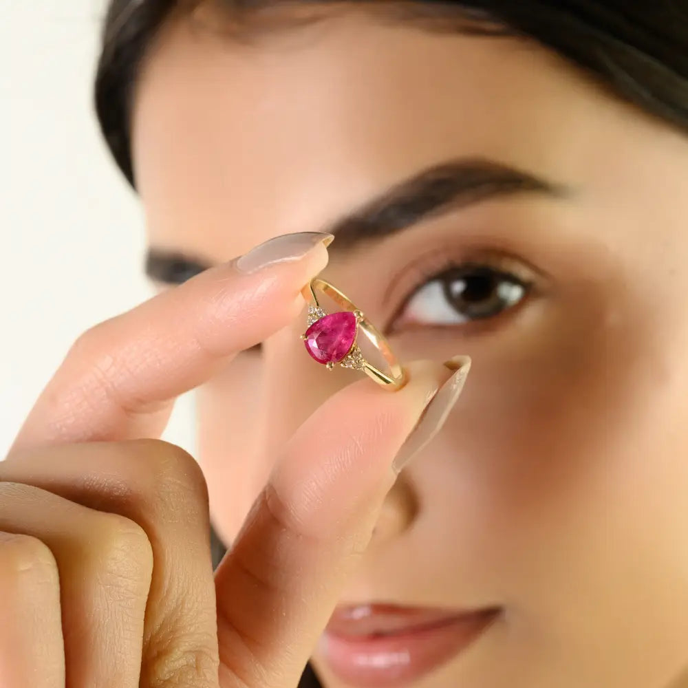 Minimal Simple Design Ruby & Diamond Engagement Gemstone Ring K14 Yellow Gold