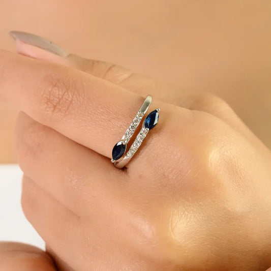 Customized Blue Sapphire & Diamond 14K Real Gold Handmade Bypass Rings Everyday Jewelry