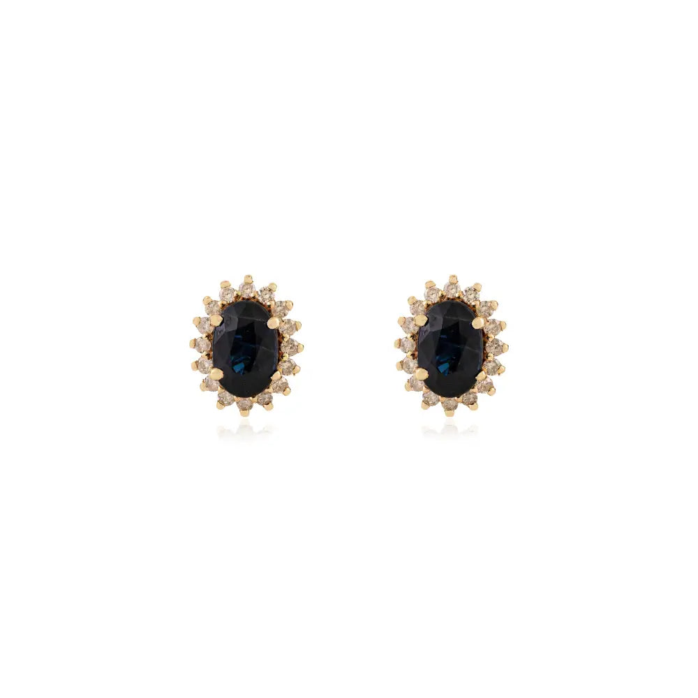 Blue Sapphire & Diamond Prong Setting Cluster Stud Earrings 14K Yellow Gold Minimal Jewelry