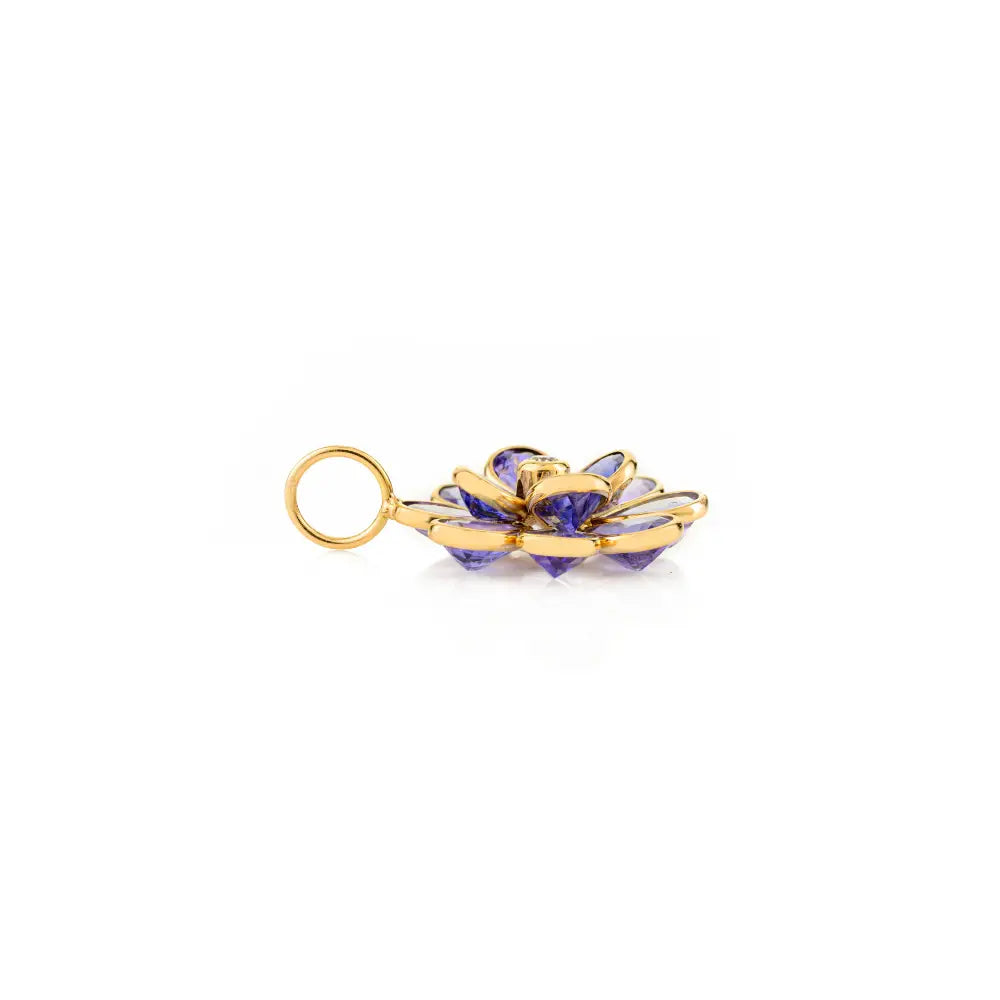 Bezel Set Tanzanite & Diamond K18 Real Yellow Gold Flower Shape Pendant Elegant Jewelry