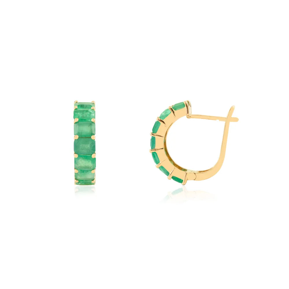 Zambian Emerald Octagon Cut Women's Hoop Earrings Real K14 Yellow Gold Handmade Jewelry