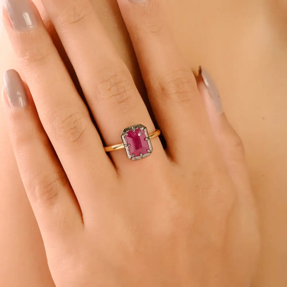 Black Rhodium Plated Ruby Statement Solitaire Ring 18K Real Yellow Gold Gemstone Jewelry